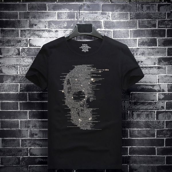 

skull rhinestone t-shirt short-sleeved men 2019 summer men's tide brand round neck half-sleeved social guy plus size size s-7xl, White;black