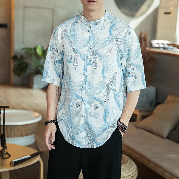 

chinese style streetwear short sleeve hawaiian shirt men plus size casual shirts 5xl bird floral printed hawaii blouses xxxxxl, White;black