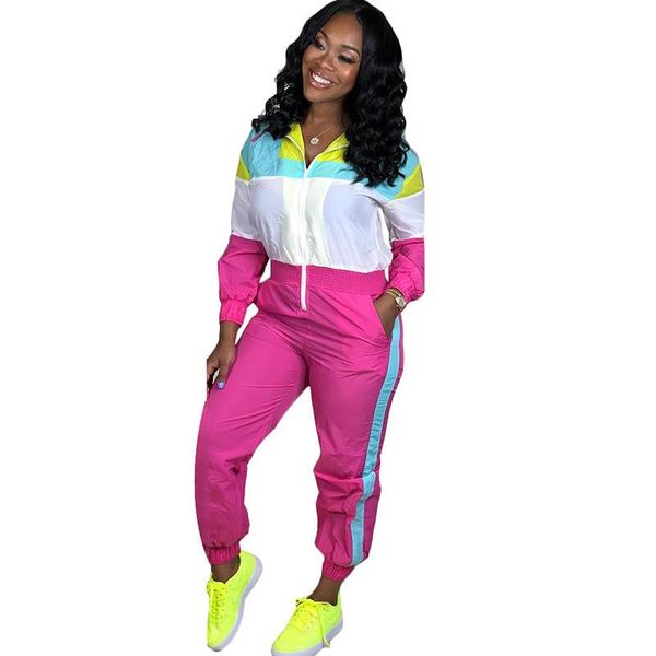 

весна лоскутного повседневный комбинезон для женщин с длинным рукавом передней молнии с капюшоном one piece комбинезона кармана streetwear д, Black;white