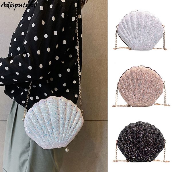 

adisputent ladies fashion chain sequined slung shoulder bag female handbag cute shell shape purse mini summer bag 2020