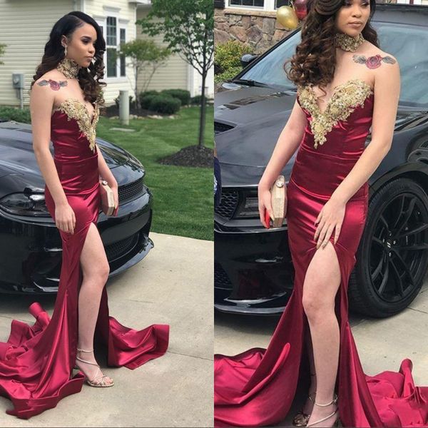 

burgundy mermaid prom dresses 2020 arabic sweetheart gold lace appliques evening gowns high split backless cocktail party dress, Black