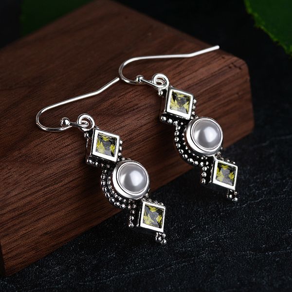 

vintage silver color imitation pearl drop earrings for women creative square olive green zircon long dangle earrings jewelry