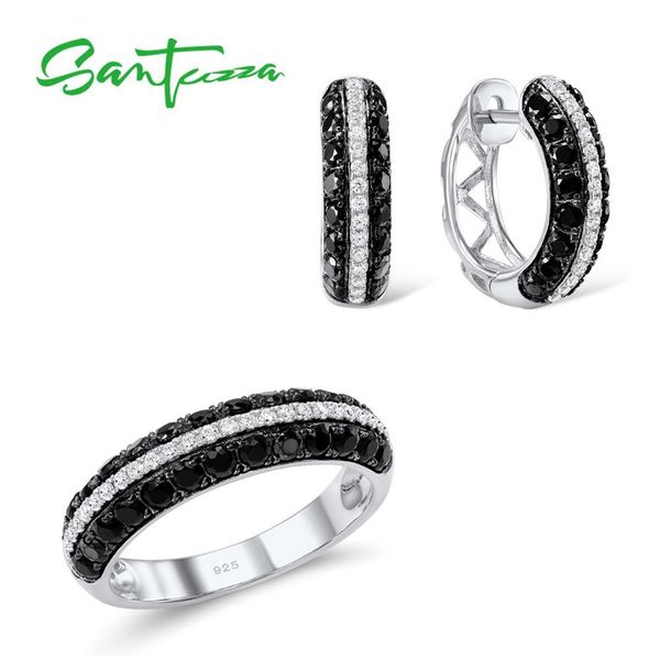 

santuzza jewelry set for women natural black white cz stones ring earrings exquisite set 925 sterling silver fashion jewelry set cx200623, Slivery;golden