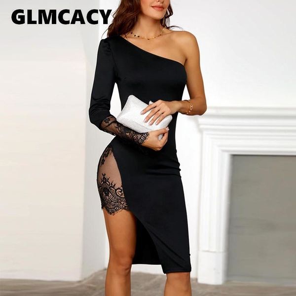 

women one shoulder lace insert slit bodycon dress & club solid knee-length asymmetrical spring autumn dress, Black;gray