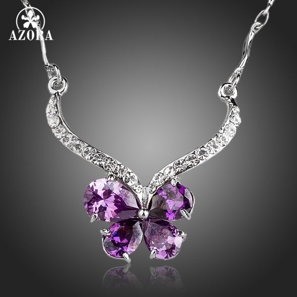 

azora beautiful butterfly with 4pcs purple cubic zirconia pendant necklace tn0144, Silver
