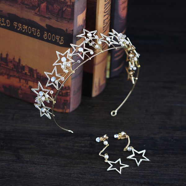 

women elegant gold color rhinestone stars bridal crown and tiaras for bride princess wedding hair jewelry accessories set bh, Golden;white