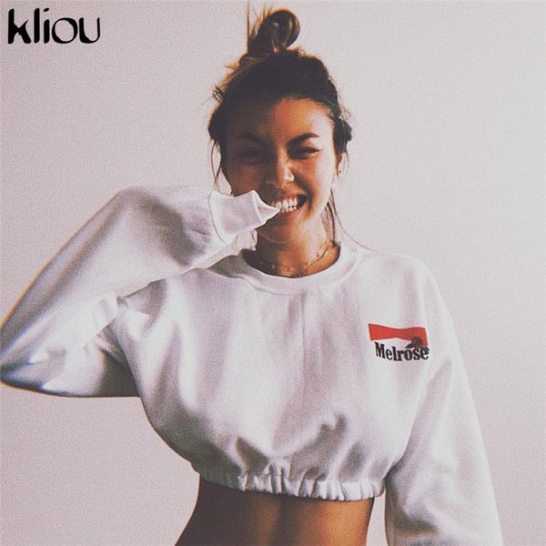 

kliou 2018 autumn women fashion white short 100% cotton sweatshirts full sleeve o-neck letter print female workout clothing, Black