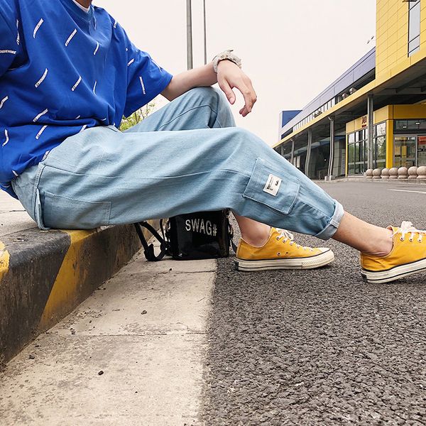 

jeans men spring summer 2018 new loose straight-tube harlan casual pants teen light blue hip-hop trousers
