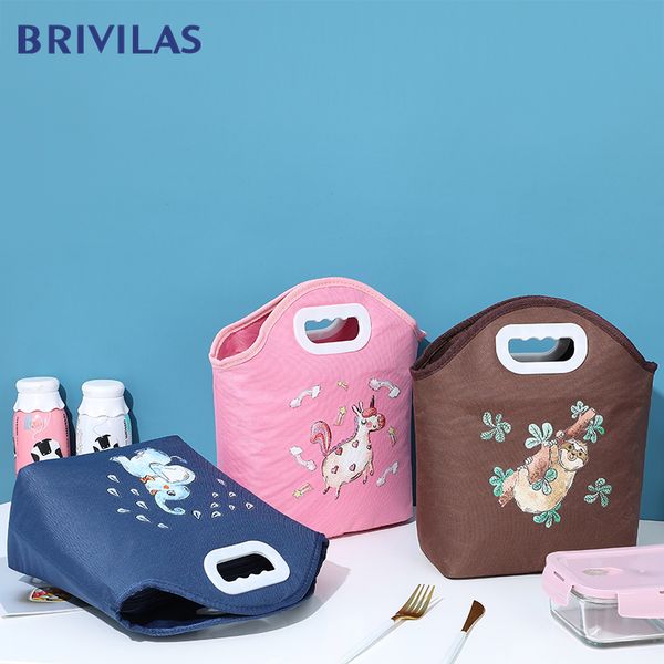 

brivilas round hole unicorn bag for women handle portable thermal bag cooler travel picnic storage student breakfast bags, Blue;pink