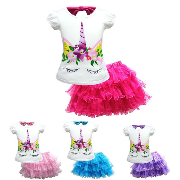 

4 colors new unicorn suit girls short-sleeved t-shirt two-piece children's mesh dress suit unicorn party supplies baby girl clothes, White