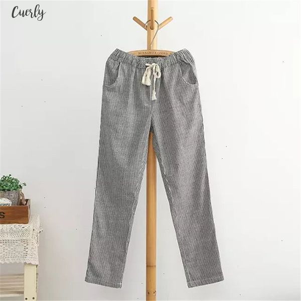 

cotton bigsweety linen women casual drawstring pants fashion loose long pants elastic waist straight striped trousers pantalon, Black;white