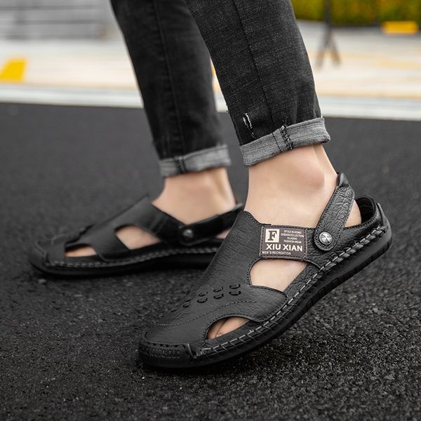 

outdoor men's sandals mens genuine leather summer shoes classic roman sandals beach slipper water trekking sneakers size 38-48, Black