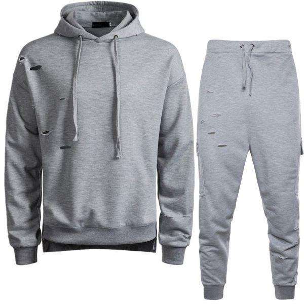 

мужская мода толстовка толстовка tracksuit повседневный пуловер полная длина sweatpants track suit мужской hole ripped two piece set outfit, Gray