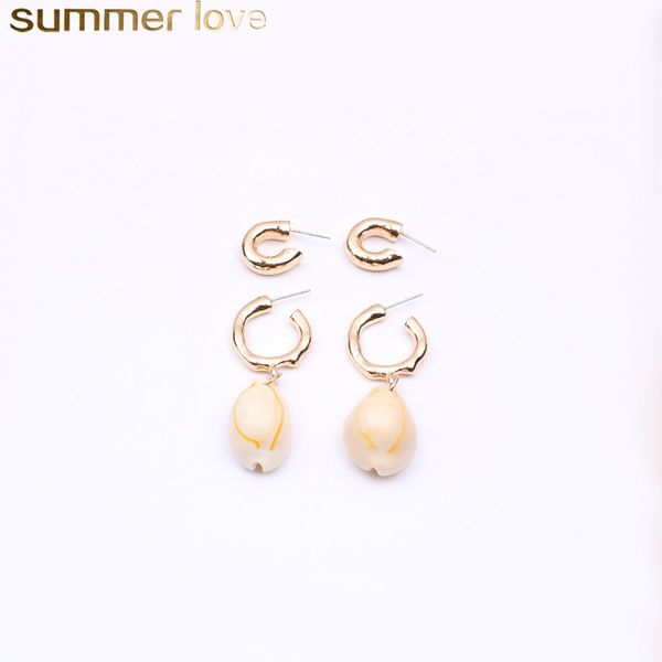 

2019 fashion sea shell women earrings gold color 2 pairs / set trendy statement drop dangle earrings for women beach jewelry wholesale, Golden