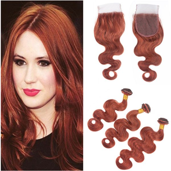 Dark Auburn Brazilian Human Hair Body Wave 3bundles With Closure Reddish Brown Hair Bundles With Closure Copper Red 4x4 Lace Closure Human Hair Weave
