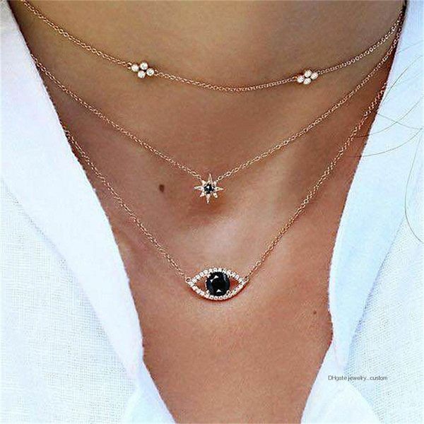 

Bohemian Fashion Retro Crystal Stars Fatima Eyes Multilayer Gold Necklace Women Charm Jewelry Accessories