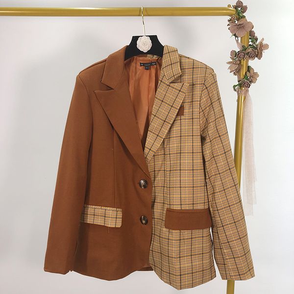 

2019 autumn new stitching plaid color long sleeve suit jacket female, White;black