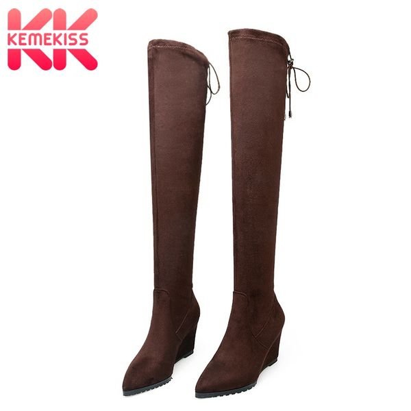 

kemekiss 2020 women over the knee boots wedges boots ladies lace up stretch fabric fashion shoes women size 33-44, Black