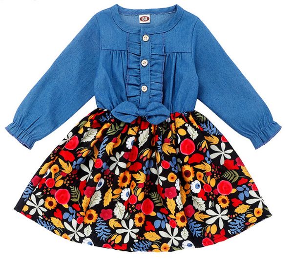 

girl dress new christmas clothes toddler baby girl long-sleeved denim stitching santa claus print dress kids clothing, Red;yellow