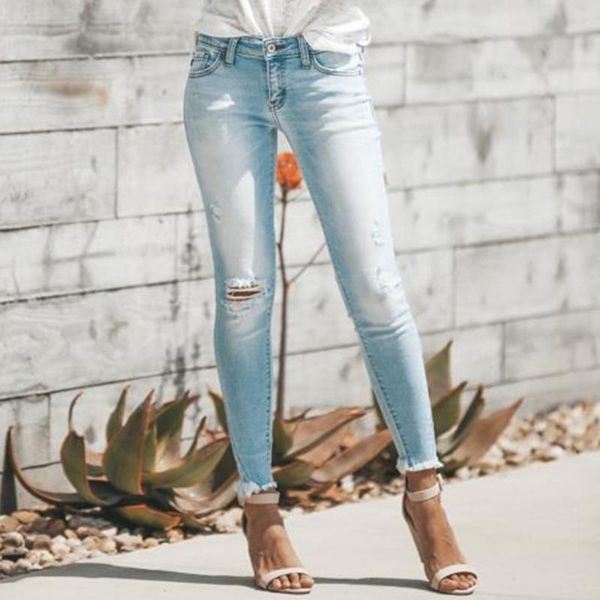 

women's jeans women jean pants pencil ripped stretchy solid spring hole casual trousers 2021 african, Blue