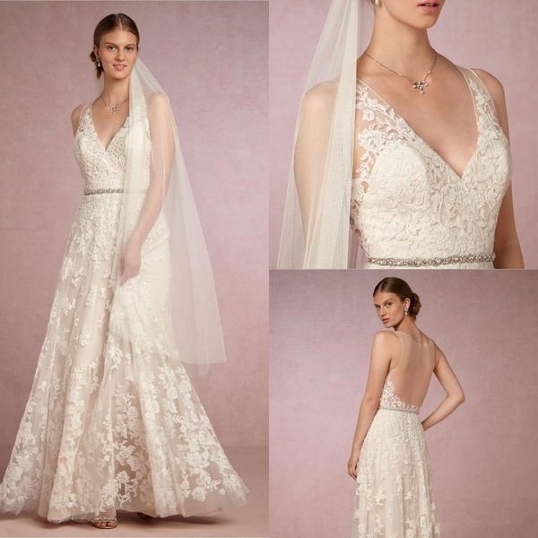 

2020 новый урожай свадебные платья sexy v шеи без рукавов линия elegant длина шнурка аппликация пола с поясом бич свадебными платьями, White