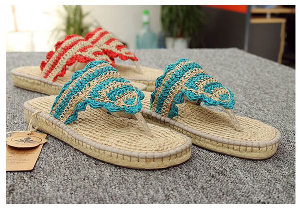 

new summer slippers leisure women linen slippers bohemian beach hand-made shoes, Red;white