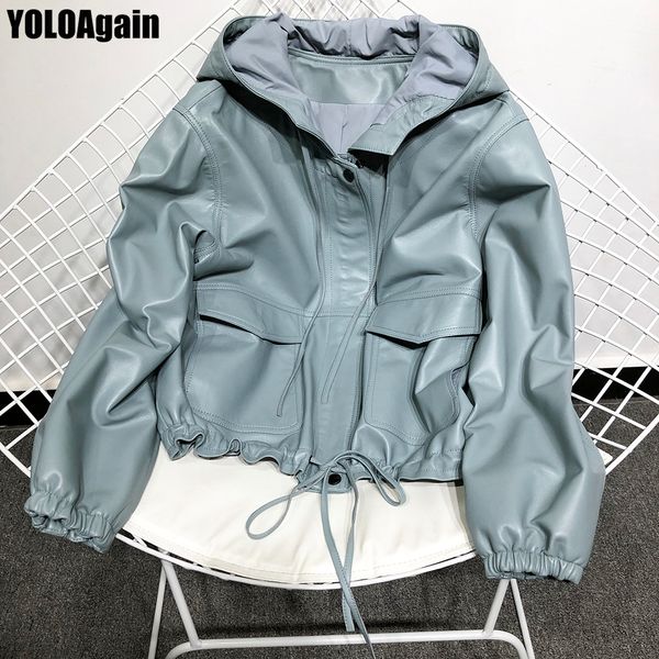 

yoloagain women genuine leather jacket ladies batwing sleeve hooded real sheepskin leather coat, Black