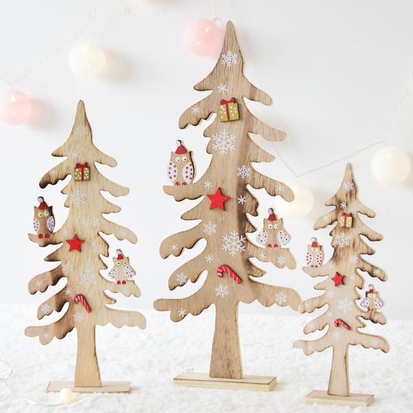 

new nordic style wooden christmas tree home vintage ornament five-pointed star owl pattern printed christmas decoraiton