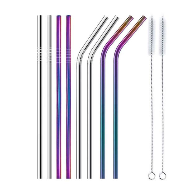 

new 10pcs stainless steel reusable straight bent drinking straws bar beverage tools with cleaning brush party accessory