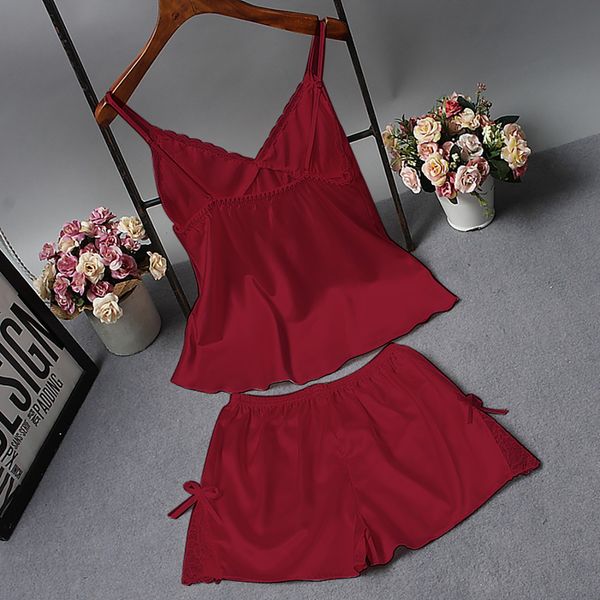 

beautiful girls pajama set satin sleeveless sleepwear sleep +bottoms ladies womens lingerie nightdress satin sleepwear, Black;red