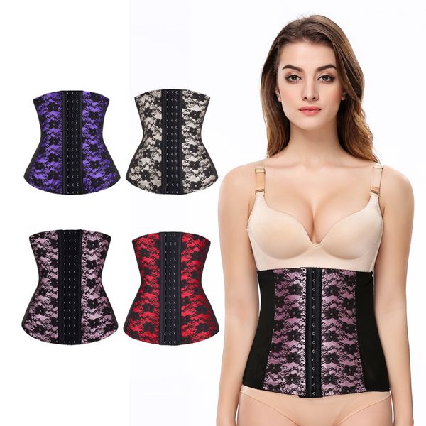 

red/purple/pink/champagne color steel boned 3 hooks closure waist trainer underbust corset floral lace waist cinchers women shapers 844a, Black;white