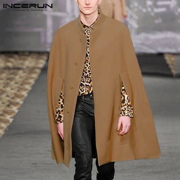 

incerun winter fashion men cloak coats solid streetwear faux blends fleece overcoat stand collar trench casual jackets cape 2019, Tan;black