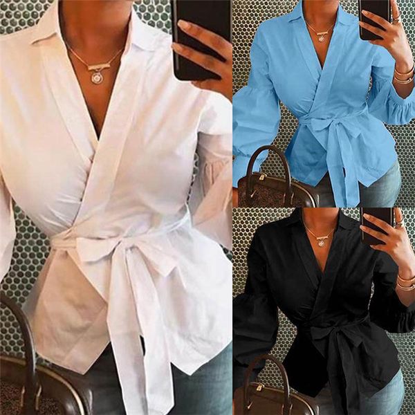 

womens lantern sleeve v-neck shirts woman fashion solid color bow blouses women patchwork ol shirt, White