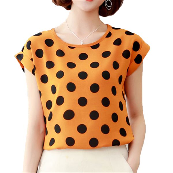 

summer women blouse short sleeve chiffon floral print o-neck ladies blouses polka dot casual shirt loose plus size -4xl blusas, White