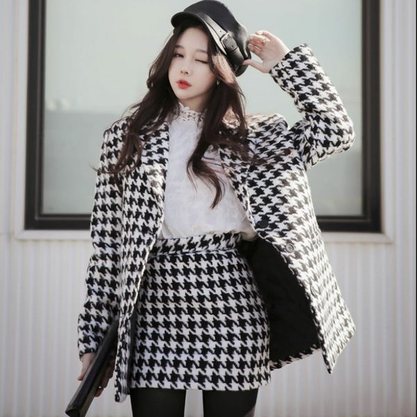 

autumn sets women two piece plaid clothing notched blazer mini bodycon skirt office suits dress, White;black