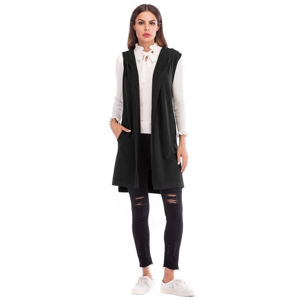 

women fashion casual solid sleeveless long knit sweater cardigan hooded vest spring winter autumn gray black green, White;black