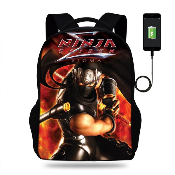 

men's 3d ryu hayabusa ninja gaiden print usb charging backpacks teenager boys bagpack cool tourism package for travel mochila