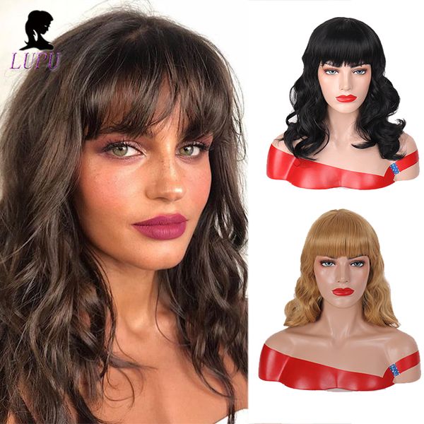 

лупу синтетические парики с челкой для женщин коричневая волна воды короткие натуральные боб парики термостойкие накладные волосы, Black