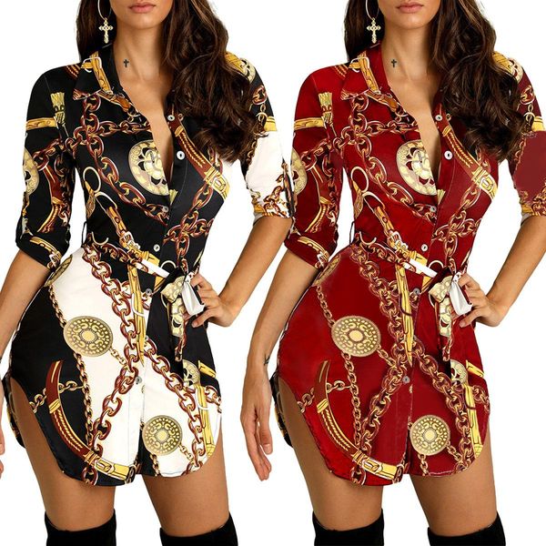 

women casual dresses loose long sleeve t shirt dress fashion autumn gold chain print shirt dress club cardigan plus size clothing s-2xl, Black;gray