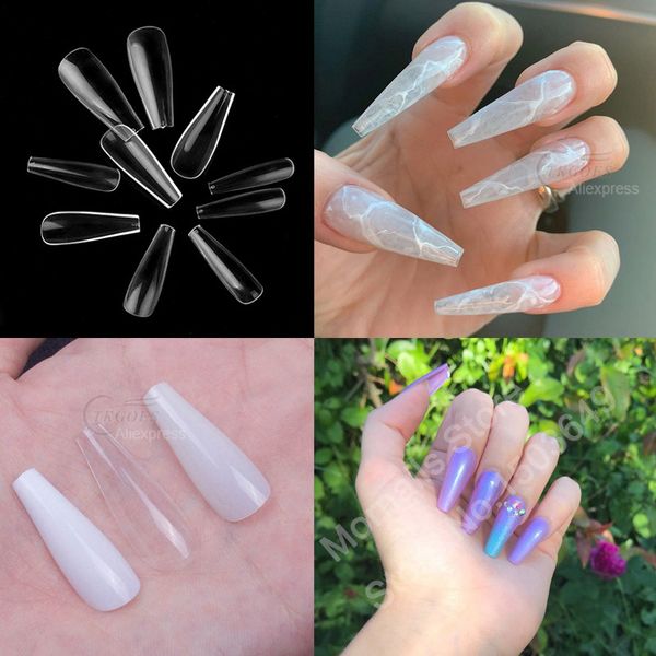 

100pcs/pack coffin ballerina fake nails white/clear/natural full cover false nails tips detachable stiletto nail art decorations, Red;gold
