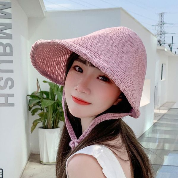 

korean women witch knitted bonnet sun hat linen weave large wide brim uv protection fisherman cap with ribbon strap, Blue;gray