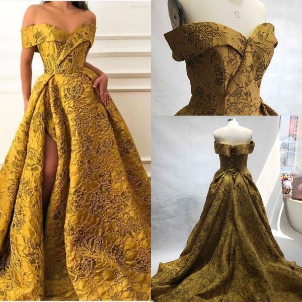 

real image gold lace pattern вечерние вечерние платья 2020 modest плеча sexy split развертки поезд дубай арабский случай пром платье, Black;red