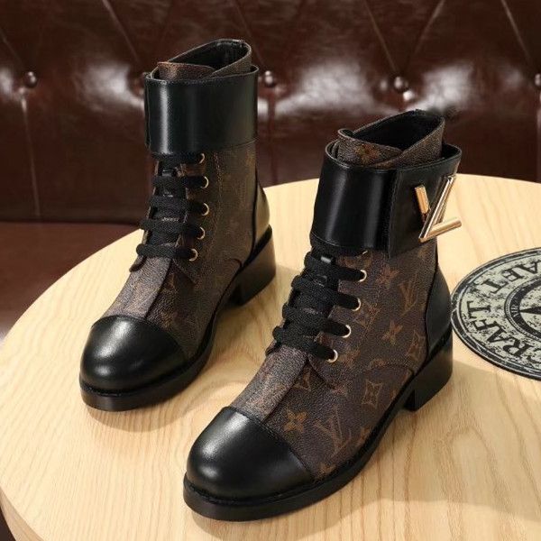 

wonderland flat ranger boot branded women patent canvas boots twist buckle designer lady plain leather rubber outsole ankle boots, Black