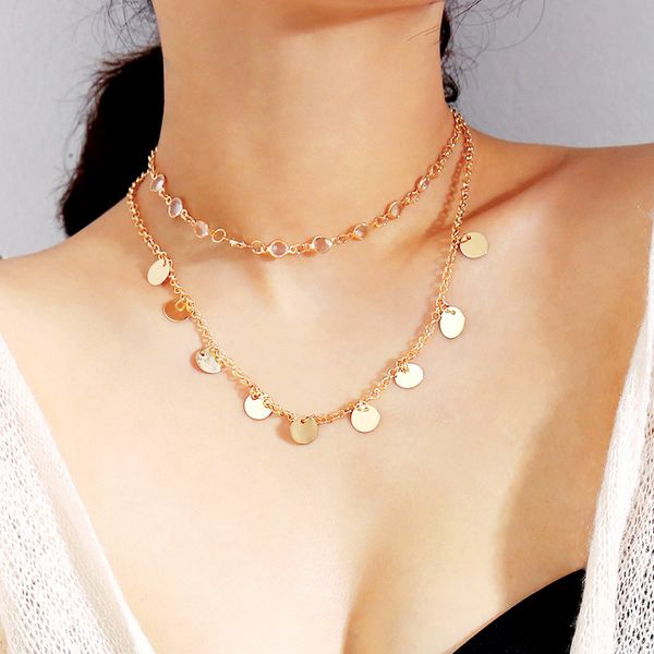 

vintage multi-layer chain necklace for women copper sequins crystal choker collares chocker fashion party jewelry xr1757, Golden;silver