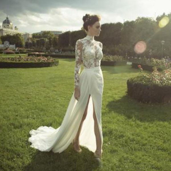

Sexy Behemia Wedding Dresses Cheap Chiffon High Split Long Sleeves Illusion Bodice Bridal Gowns Transparent Backless A Line Wedding Gowns