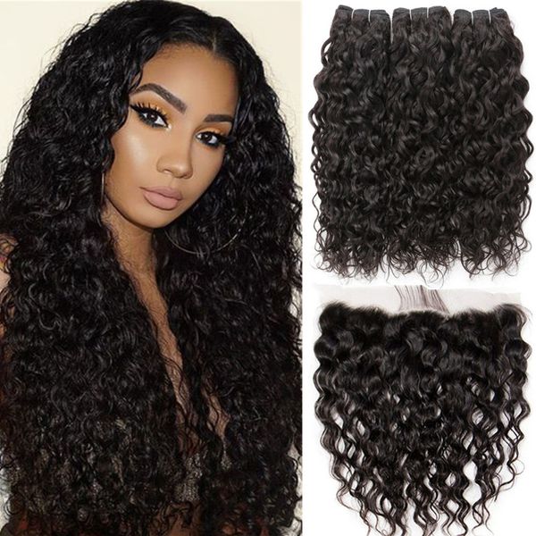 

8A Mink Brazilian Virgin Hair Water Wave 3 Bundles with Frontal Natural Color Top Lace Frontal Closure with Baby Hair Deep Wave Curly Hair