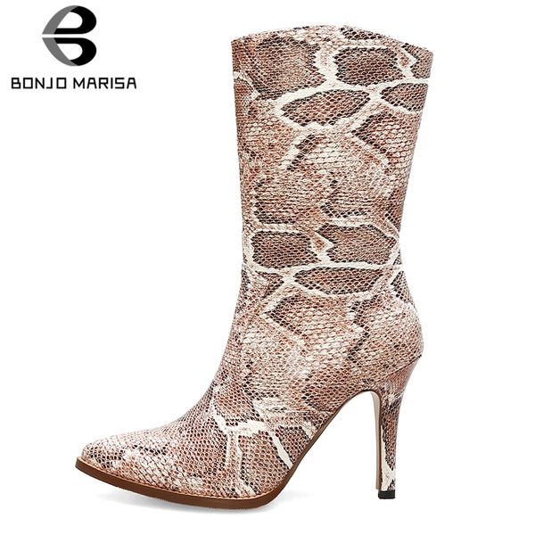 

bonjomarisa boots woman fashion 2019 animal prints thin high heels zippers pointed toe med calf women's boots size 34-42, Black