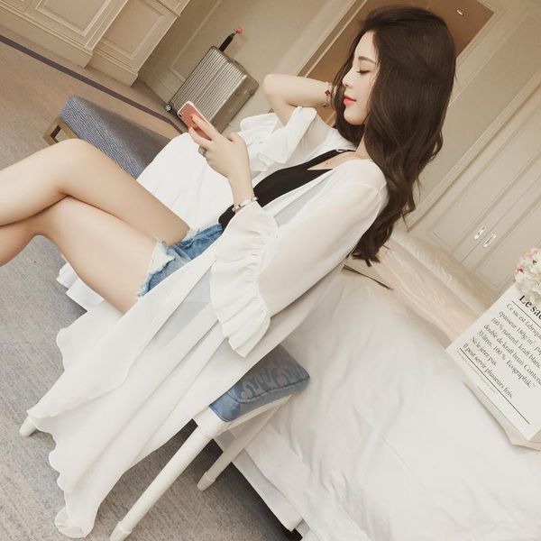 

2018 лето новый стиль корейский стиль женской одежды средней длины пальто шифон кардиган тонкий белл рукавом дышащий пальто шаль, White