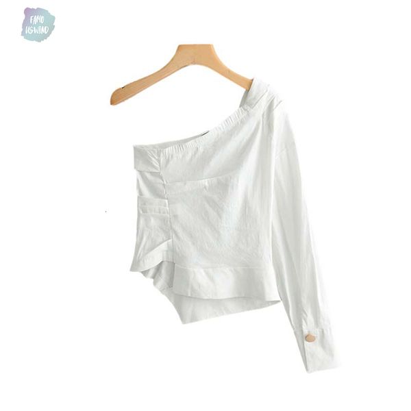 

womne мода белая блузка нерегулярное воротник одного плеча плиссе дизайн женские партии wa257 wear chic top blusas, White