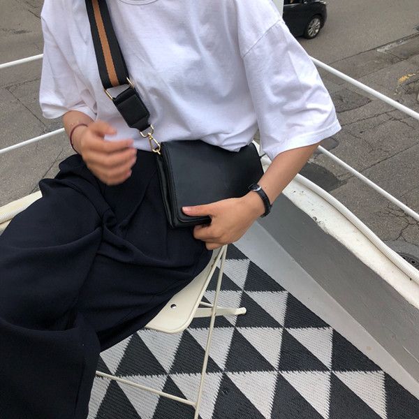 

2018 summer new style south korea ins black webbing double layer shoulder square sling bag casual versatile shoulder women's bag